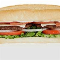 The DoubleAngus Beef Burger Submarine  · Two 1/3 Pounder Angus Beef Burgers on a long hero. 