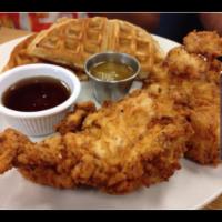 4 Tenderloin And 2 Waffles  · 4 Pieces Chicken Tenderloins And 2 Waffles. Choose your dressing. Free can soda or water 