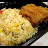 Fried Chicken With Rice Platter And Veggies Platter. free can soda or water  · 4 Pieces fried chicken With Rice. (Leg,breast, thigh, wing) As Is. Can't make your own choic...