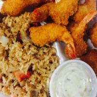 8 Pieces Fried Shrimp With Rice And Veggies Platter. free can soda or water  · 8 pieces fried shrimp with rice. Choose your favorite dressing.  Free can soda or water. 