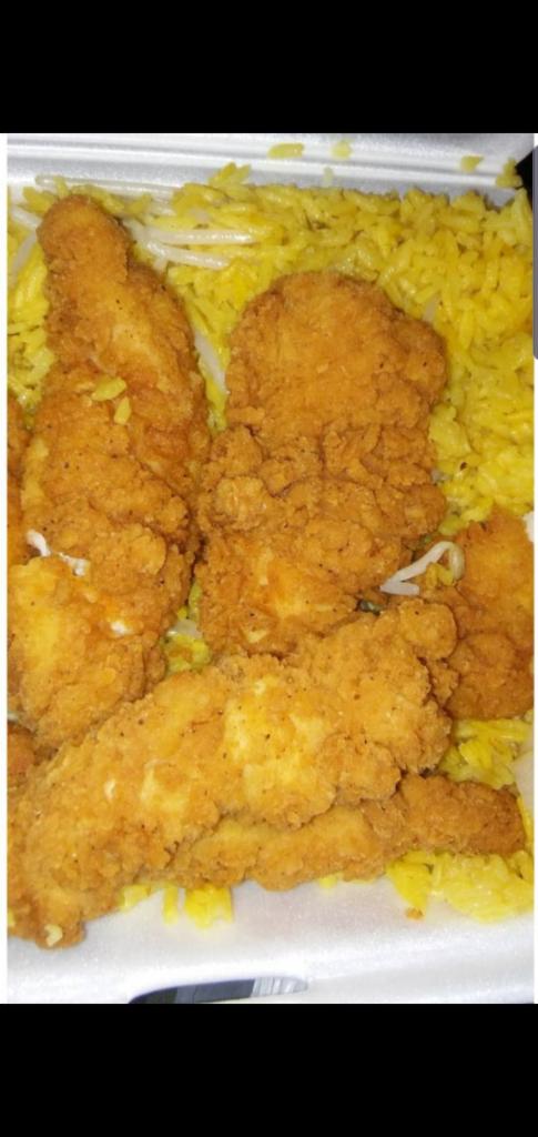 6 Pieces Chicken Tenderloins,Rice And Veggies Platter. free can soda or water  · 6 Pieces chicken Tenderloins, rice. Choose your favorite dressing. Free can soda or water. 