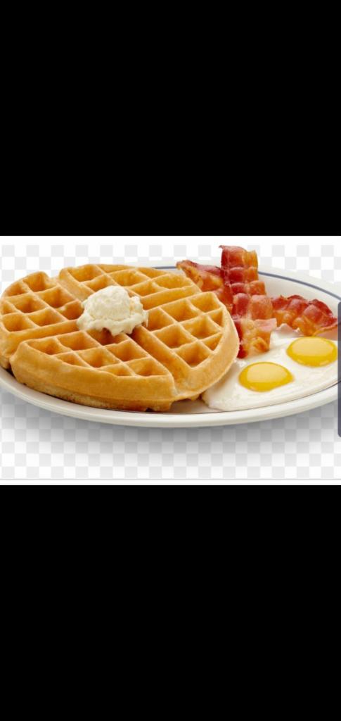 Waffles Eggs And Your Choice Of Meat · Turkey Sausage, Turkey links, beef bacon, Turkey bacon, beef Sausage link or your choice of meat.