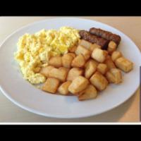 Eggs Turkey Sausage Links Platter · Eggs,Turkey Sausage links, your choice of home fries, tater tots, Hashbrowns. Your choice of...
