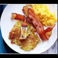Bacon Eggs And Cheese Platter · Eggs,beef bacon, your choice of home fries, tater tots, Hashbrowns. Your choice of bread. Wh...