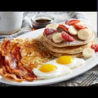 Pancakes And Eggs With Your Choice Of Meat  · Beef Bacon, Boar's Head Ham, Turkey Sausage links, Turkey Sausage Patty, Beef Sausage Link, ...