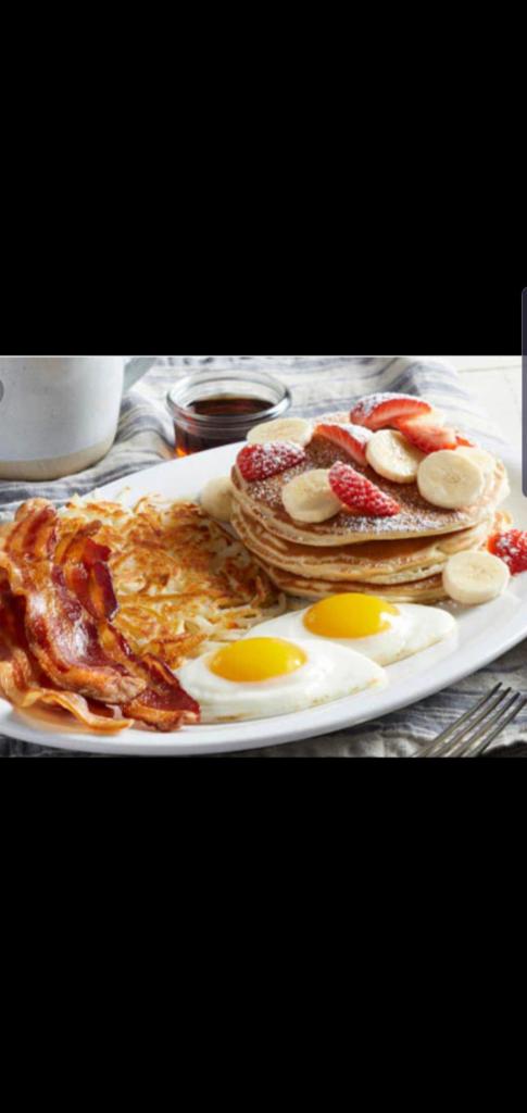 Pancakes And Eggs With Your Choice Of Meat  · Beef Bacon, Boar's Head Ham, Turkey Sausage links, Turkey Sausage Patty, Beef Sausage Link, Chicken Sausage Patty. 