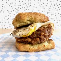 B'Fast Sando · (Available until 3pm) 
Biscuit, fried chicken thigh, jalapeno jelly, fried egg. 