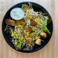 LRG Ranch Salad · Red leaf lettuce, sunflower seeds, radish, pepperoncini, croutons, ranch 
