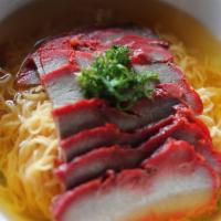 Roast Pork noodle soup · Cantonese style egg noodle with vegetable and topped with tender roast pork