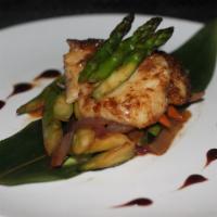 Chilean Sea Bass Japanese Entree · Steamed Chilean sea bass with asparagus, red pepper, onion, bay corn, sweet peas and mushroo...