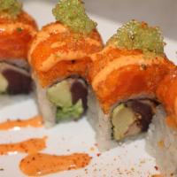 Spicy Girl Roll · Pepper tuna, avocado inside, spicy crunchy salmon outside with wasabi tobiko in spicy mayo s...