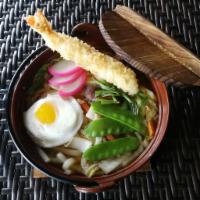 Nabeyaki Udon · Chicken breast, egg and vegetables in Japanese clear soup.