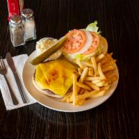 Cheese Burger · Served on a hard roll with french fries, coleslaw, and pickle. Choice of cheese. Add-ons for...
