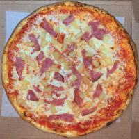 Authentic Hawaiian Pizza · Red sauce, pineapple, ham, bacon, and mozzarella cheese.