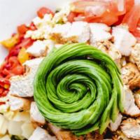 Forty Carrots Chopped Salad · Baby field greens, grilled chicken, avocado, roasted red and yellow peppers, Swiss cheese, c...
