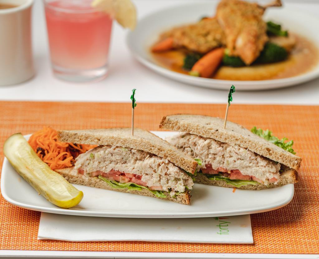 Forty Carrots Classic Tuna Salad Sandwich · White albacore tuna with finely diced carrots, celery and mayonnaise on organic 7-grain bread.