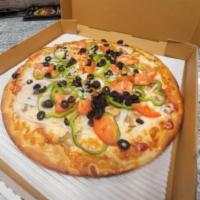Veggie Delight Pizza · Onions, green peppers, mushrooms, olives, tomatoes, mozzarella cheese, and sauce.
