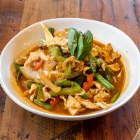 Pad Kra Pao · Sauteed with chili pepper, mushrooms, onion, bell pepper, string bean and fresh Thai basil.