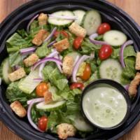 Green Goddess Salad · Grape tomatoes, red onions, fresh sliced cucumbers, croutons, and romano cheese on a bed of ...