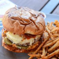 Five Beer Burger · * includes fries + basil ryeman ketchup. 
Black Hawk Farm beef + Extra Easy bun + white ched...