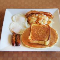 Hungry Man Breakfast · Served with choice of 2 pancakes or 2 French toast, 2 pieces of sausage, 2 slices of bacon a...
