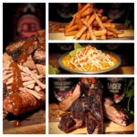 Deadbeach #2 Meal · 16 oz. slow smoked brisket, 2 whole large sausage link, whole rack of ribs, 4 pieces of Texa...