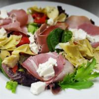 Tuscan Salad · Mixed greens, roasted red peppers, fresh mozzarella, artichokes, prosciutto and balsamic vin...