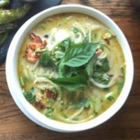 Green Curry Soup · Served with cilantro, Thai basil, scallions, onions and side of beans sprouts, jalapenos, li...