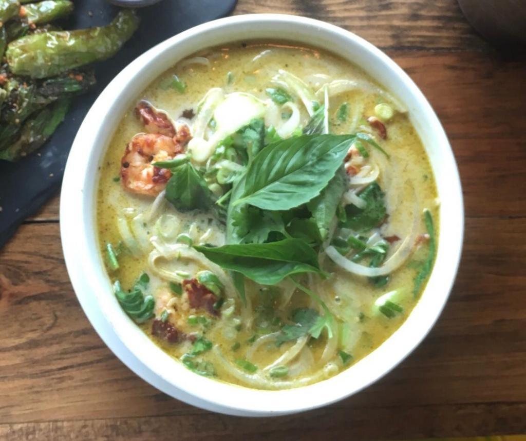 Green Curry Soup · Served with cilantro, Thai basil, scallions, onions and side of beans sprouts, jalapenos, lime and home made chili oil.