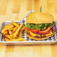 The Burger · 1/3 lb. Painted Hills grass-fed beef, Tillamook cheddar, onion, lettuce, tomato, pub bun. Ch...