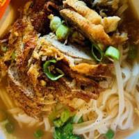 Duck Noodle soup · Thin rice noodle with Chinese broccoli, bean sprout, scallion in dark clear broth.