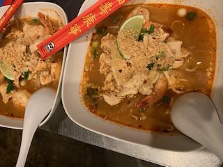 Tom Yum Noodle Soup · Thin rice noodle with shrimp, chicken, bean sprout, scallions and ground peanuts in spicy tom yum broth. Spicy.
