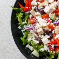 Greek with Chicken · Spring Mix, Chicken, Kalamata Olives, Red Onion, Roasted Red Peppers, Cucumbers, Tomatoes, a...
