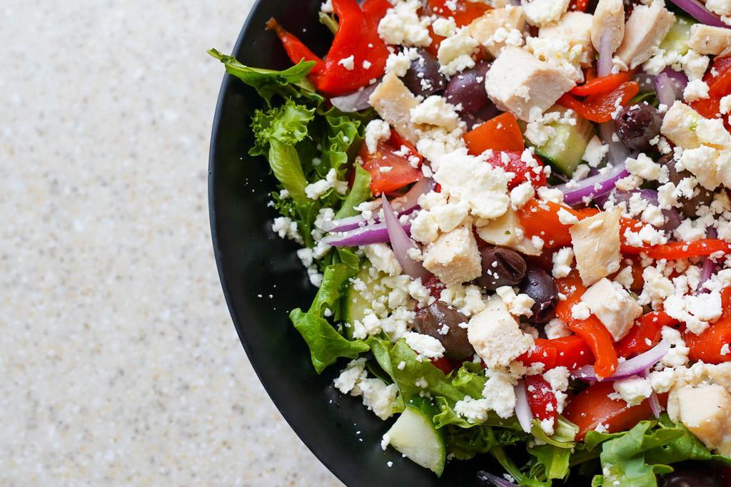 Greek with Chicken · Spring Mix, Chicken, Kalamata Olives, Red Onion, Roasted Red Peppers, Cucumbers, Tomatoes, and Feta Cheese with Greek Dressing on the Side