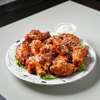 Chicken Wings · (10) Chicken wings with blue cheese or ranch on the side with your choice of various sauces ...