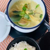 Green Curry · Choice of meat in green curry sauce, thai eggplant, bamboo shoots, bell pepper and basil lea...