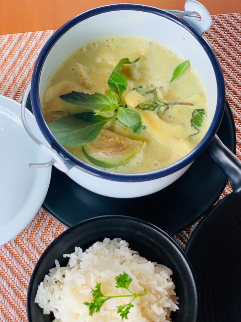 Green Curry · Choice of meat in green curry sauce, thai eggplant, bamboo shoots, bell pepper and basil leaves.