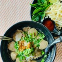 Pho Noodles Soup · Vietnamese Beef Noodles Soup with meatballs and eye round steak