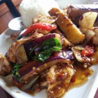 Basil Eggplant Sauteed · Sauteed choice of meat with chili pesto sauce, Chinese eggplant, bell peppers, onions, and b...