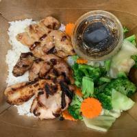 Teriyaki Chicken · Grilled marinated chicken thigh served with steamed vegetables teriyaki sauce.