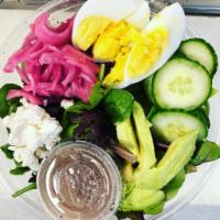 Veggie Cobb Salad · Egg, pickled red onion, cucumber, goat cheese, avocado, croutons and honey balsamic dressing...