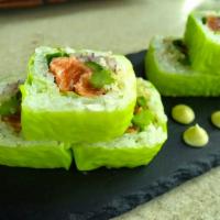 Green Monster Roll · Spicy tuna, spicy crab and avocado wrapped in green soy paper. Raw.