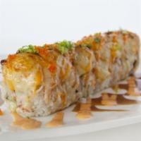 Hawaii Roll · Lightly fried tilapia, avocado and crab topped with cream cheese, coco sauce, scallions and ...