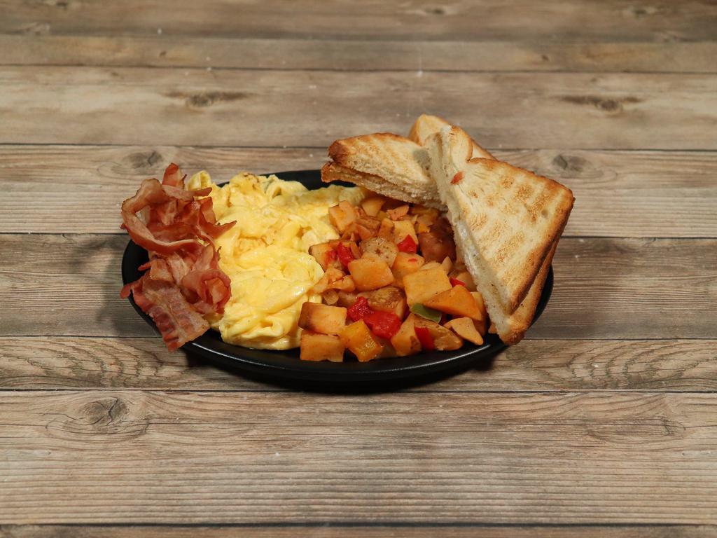 Breakfast Platter · Includes your choice of 2 eggs any style with ham, bacon, sausage or turkey bacon. Served with home fries and your choice of toast. Egg whites available for an additional charge.
