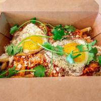 Shareable K-Town Fry · Goat cheese, kimchi, 3 fried eggs, miso mayo and cilantro on fresh cut fries.  Feeds 4 people