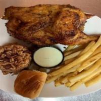 Pollo Asado · Grilled chicken. De pollo rostizado. Casamiento, papas fritas y un pan. Grilled chicken, ric...