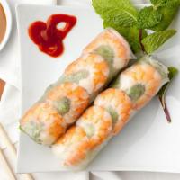 3. Boiled Shrimp Spring Roll · Tom luoc. Soft rice paper roll. Served with cilantro, lettuce, cucumber,  sour carrots and p...