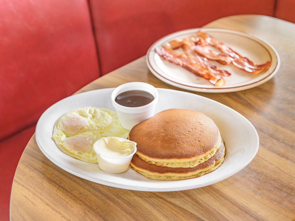 Chelio's Special · 2 pancakes or French toast served with 2 eggs and 4 bacon strips or sausage links or 2 sausage patties. Add strawberries and whip cream topping for an additional charge.