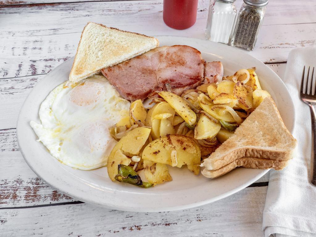 Ham Special · 2 eggs with ham. Served with choice of hash browns or grits and choice of toast, biscuit or English muffin.