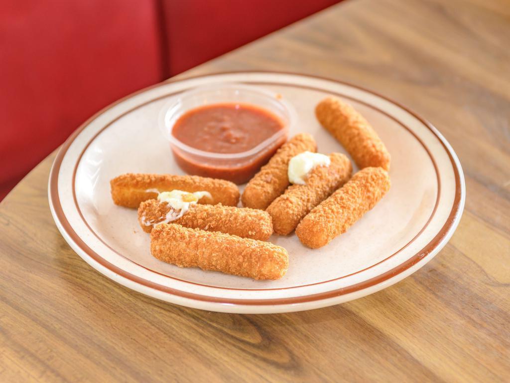 Mozzarella Sticks · 7 seasoned and breaded mozzarella sticks, deep-fried and served with your choice of ranch or marinara dipping sauce.